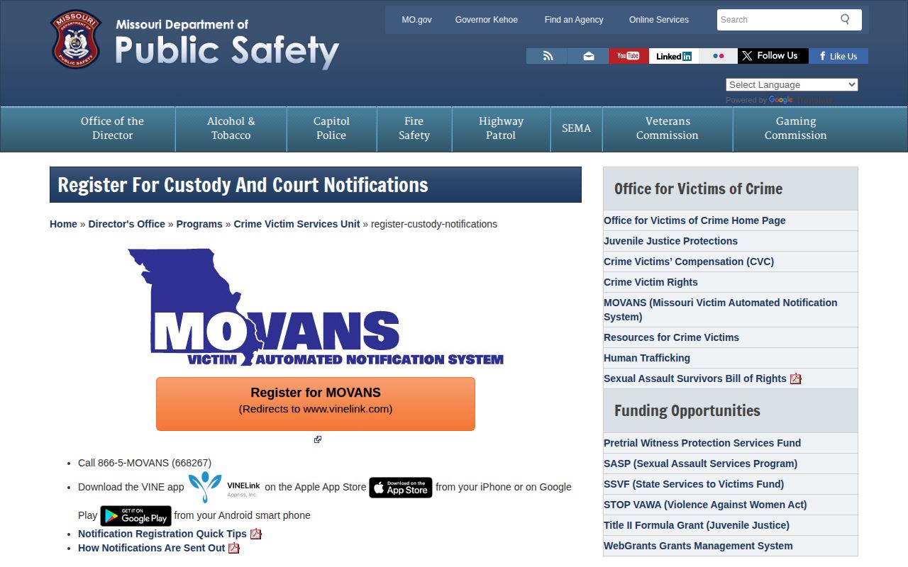 Missouri custody notification registration guidance