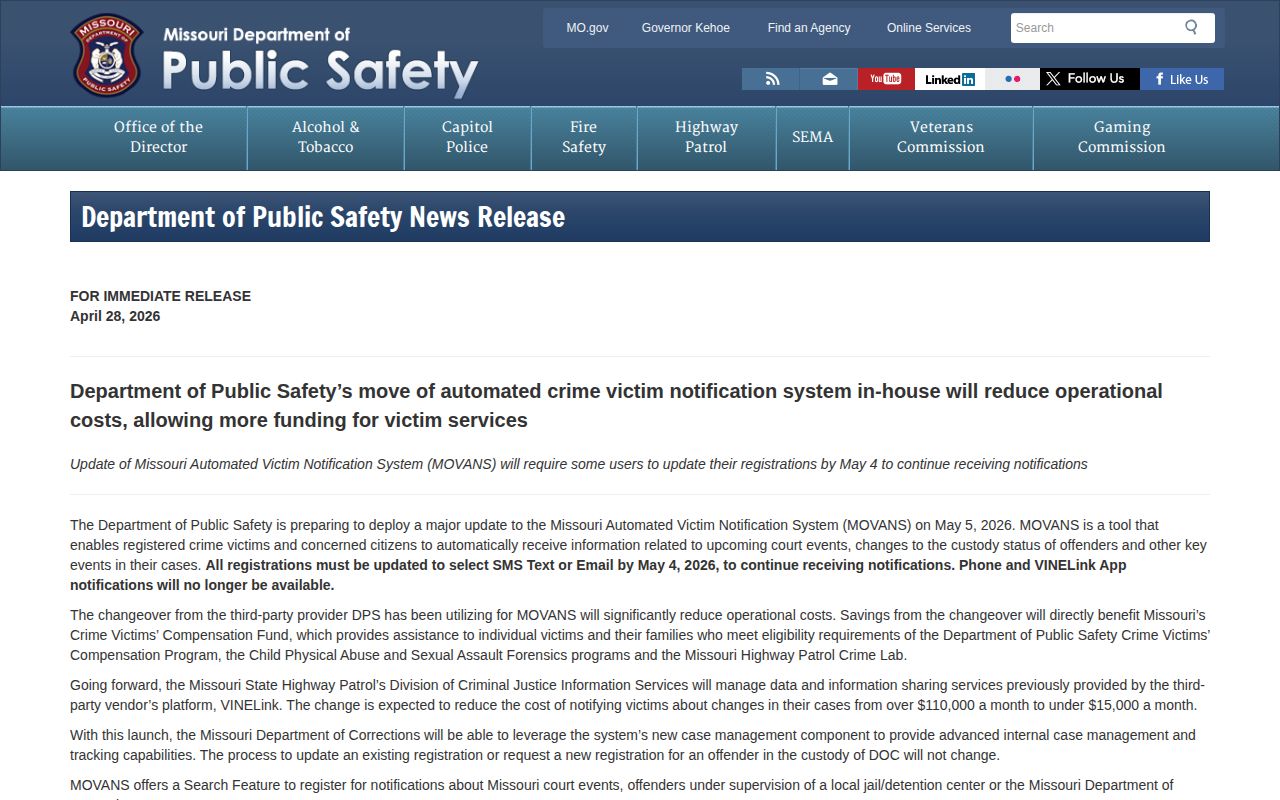 Missouri notice about 2026 custody notification changes