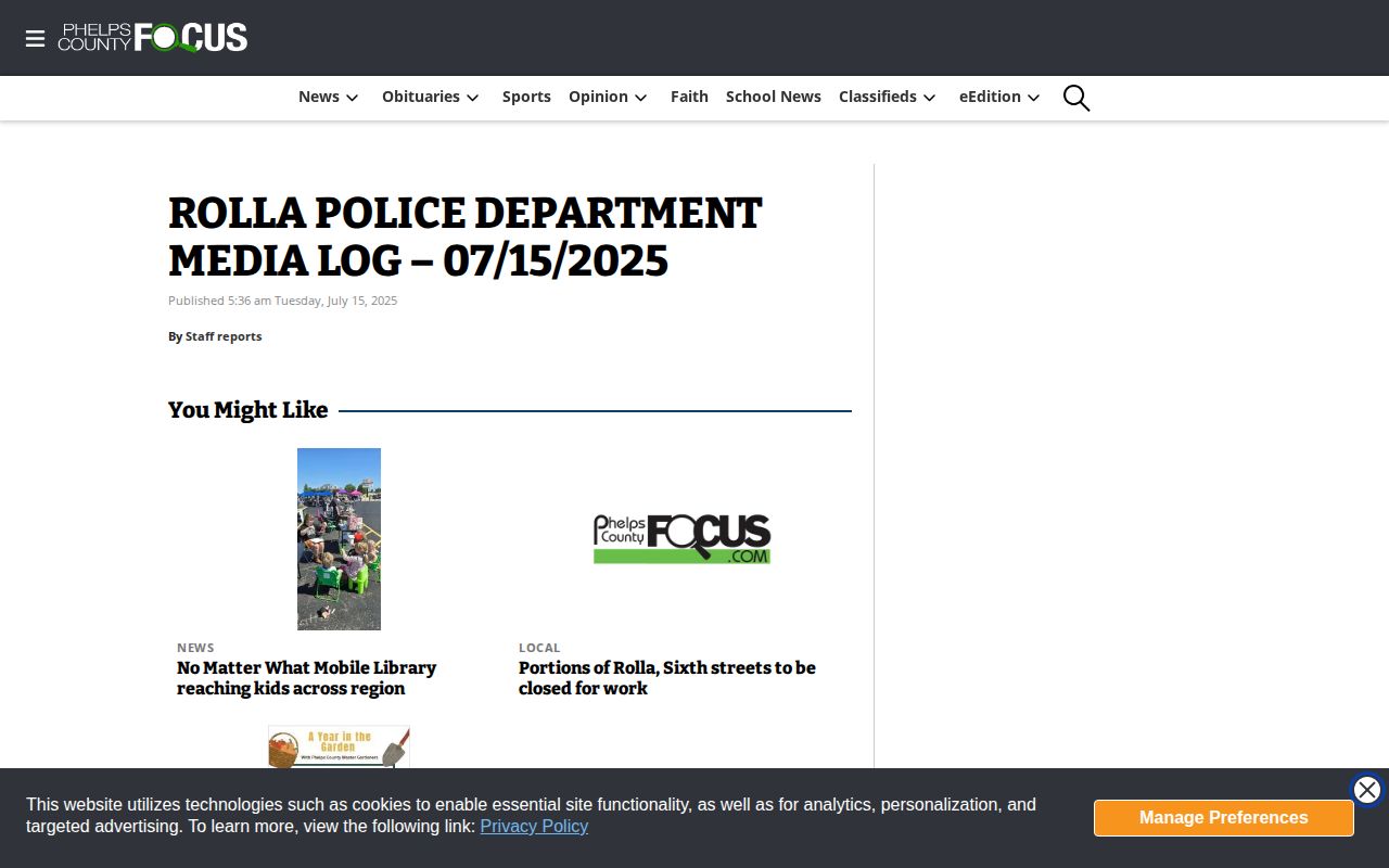 Phelps County Focus Rolla Police media log article